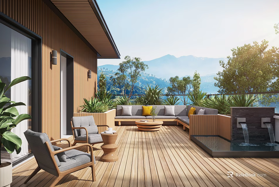 Serene Patio Garden With Wooden Deck Outdoor Sofa Chairs Water Feature And Mountain Lake View 3d model 
