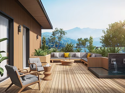 Serene Patio Garden With Wooden Deck Outdoor Sofa Chairs Water Feature And Mountain Lake View 3d model