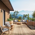 Serene Patio Garden With Wooden Deck Outdoor Sofa Chairs Water Feature And Mountain Lake View