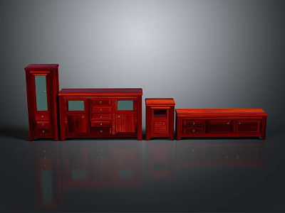 Mahogany Wood Furniture Set With Tall Cabinet Low Drawer Units And Glass Doors 3d model