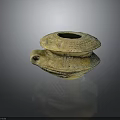 Ancient Clay Vessel With Carved Patterns Lid And Handle Earth Toned Design