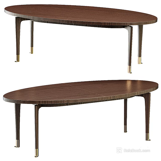 Modern Oval Dark Brown Dining Table With Wooden Surface And Metal Legs 3d model 
