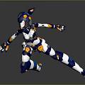 Futuristic Anthropomorphic Mech Character With Blue Orange Armor In Dynamic Combat Pose