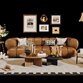 Elegant Living Room Sofa And Coffee Table Set With Decorative Paintings Floor Lamp And Flowers