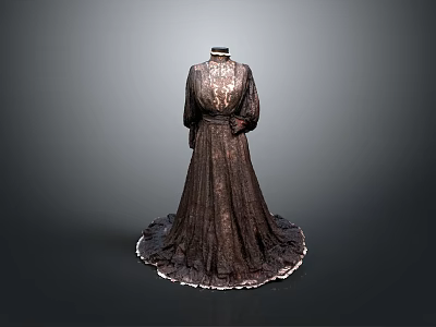Elegant Dark Lace Pattern Dress With Wide Skirt And White Edge Decoration 3d model