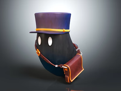 Cartoon Black Creature With Purple Hat Yellow Band Brown Bag And White Eyes 3d model
