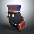 Cartoon Black Creature With Purple Hat Yellow Band Brown Bag And White Eyes
