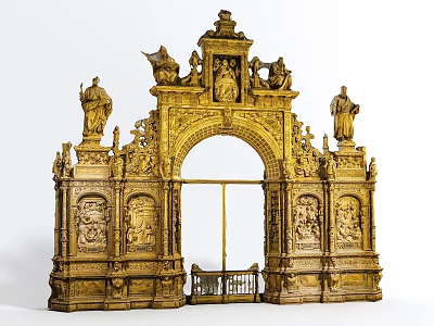 Ornate Golden Door Arch Featuring Intricate Carvings Statues And Relief Panels 3d model