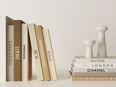Vertical and Stacked Books Display with Matisse London Chanel Titles and White Marble Candleholders 3d model