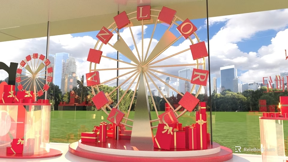 Decorative Ferris Wheel With Red Letters And Gift Boxes Against City Skyline And Green Grass 3d model 