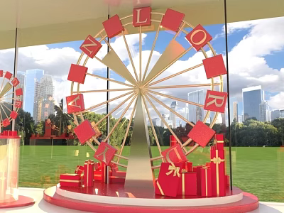 Decorative Ferris Wheel With Red Letters And Gift Boxes Against City Skyline And Green Grass 3d model