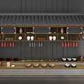 Traditional Chinese Wooden Component Featuring Tile Roof And Displayed Plates Vases Books Lanterns