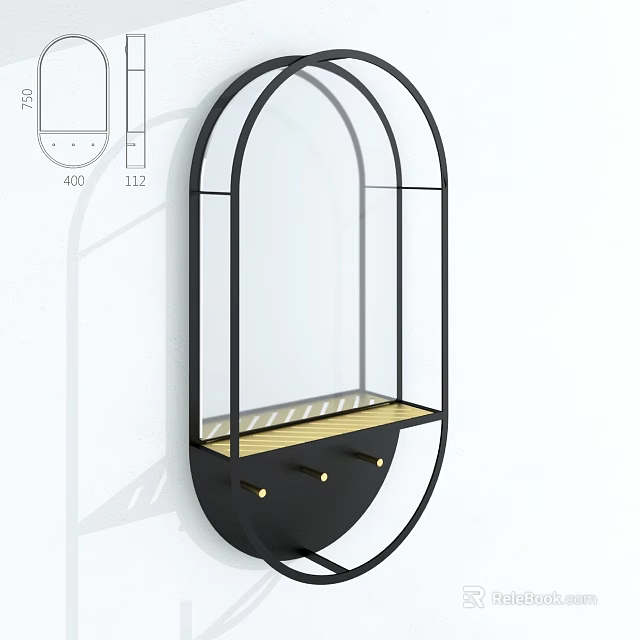 Modern Black Metal Wall Lamp With Glass Frame Wooden Shelf And Hooks 3d model 