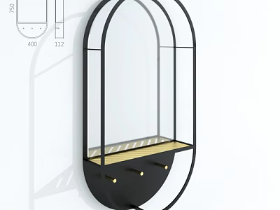 Modern Black Metal Wall Lamp With Glass Frame Wooden Shelf And Hooks 3d model