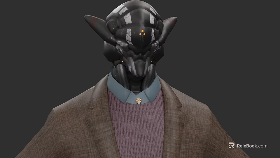 Game Movie Character with Black Mechanical Head Antennas Yellow Glowing Eyes Brown Blazer Purple Sweater 3d model 