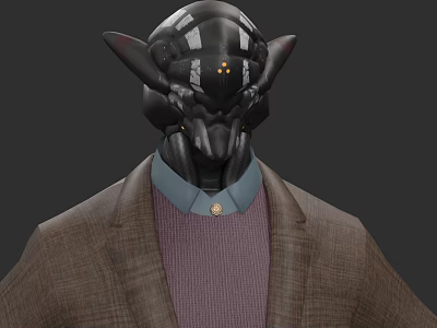 Game Movie Character with Black Mechanical Head Antennas Yellow Glowing Eyes Brown Blazer Purple Sweater 3d model