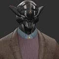 Game Movie Character with Black Mechanical Head Antennas Yellow Glowing Eyes Brown Blazer Purple Sweater