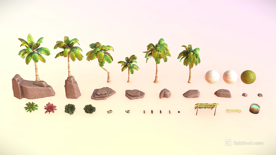 Wooden Logs And Stone Rocks Decor With Small Plants And Natural Wood Structures 3d model 