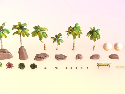 Wooden Logs And Stone Rocks Decor With Small Plants And Natural Wood Structures 3d model