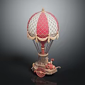 Vintage Red And White Hot Air Balloon Model With Decorative Netting And Basket On Wheels