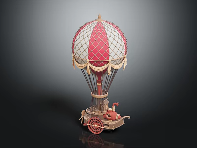 Vintage Red And White Hot Air Balloon Model With Decorative Netting And Basket On Wheels 3d model