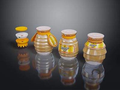 Various Honey Jars With Yellow Lids And Labels On Reflective Surface 3d model