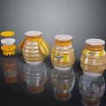 Various Honey Jars With Yellow Lids And Labels On Reflective Surface 3d model