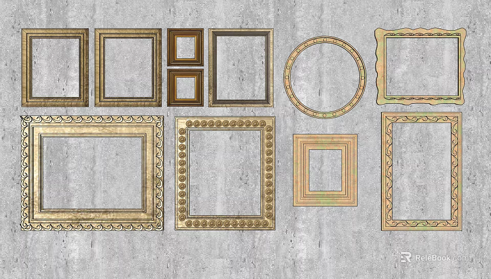 Wall Decor Featuring Various Decorative Frames With Different Shapes And Intricate Designs On Concrete Wall 3d model