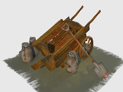 Old Wooden Wheelbarrow With Metal Jugs And Shovel On Grass Surface 3d model