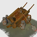 Old Wooden Wheelbarrow With Metal Jugs And Shovel On Grass Surface