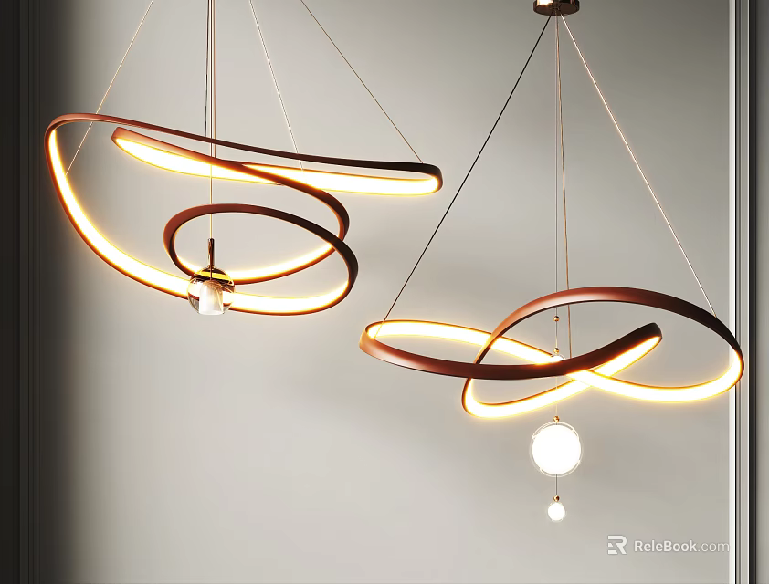 Modern Hanging Lighting Combination With Curved Wooden Frames And White Illuminated Balls In Interior Space 3d model 