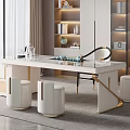 Elegant Modern Tea Table Set With Golden Legs White Stools And Tea Set 3d model