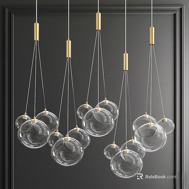 Modern Cluster Chandelier With Transparent Glass Balls And Gold Metal Accents On Dark Wall 3d model 