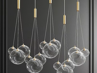 Modern Cluster Chandelier With Transparent Glass Balls And Gold Metal Accents On Dark Wall 3d model