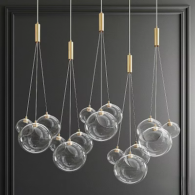 Modern Cluster Chandelier With Transparent Glass Balls And Gold Metal Accents On Dark Wall 3d model