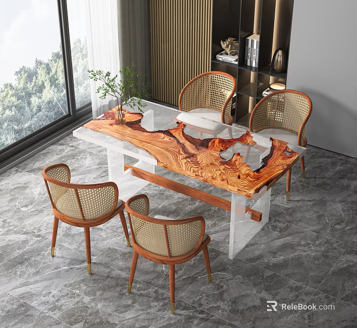Modern Dining Table Set With Rattan Chairs Orange Textured Tabletop And Large Window Green View 3d model