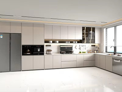 Modern Kitchen Interior Design With Gray Cabinets Silver Refrigerator Black Coffee Machine And Sleek Appliances 3d model