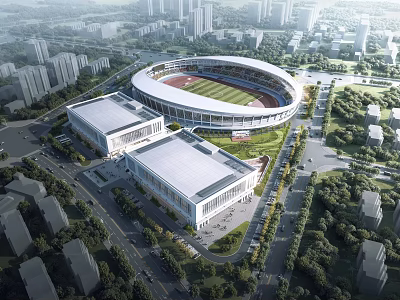 Modern City Sports Stadium Complex With Surrounding Buildings Roads And Greenery 3d model