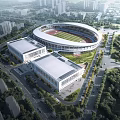 Modern City Sports Stadium Complex With Surrounding Buildings Roads And Greenery