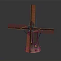 Traditional Windmill Model with Wooden Structure Four Green Blades and Small Windows Detailed Design
