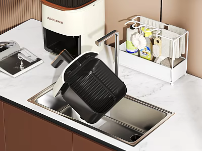 Modern Kitchen Faucet Over Stainless Steel Sink With Dish Rack And Coffee Machine 3d model