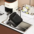 Modern Kitchen Faucet Over Stainless Steel Sink With Dish Rack And Coffee Machine
