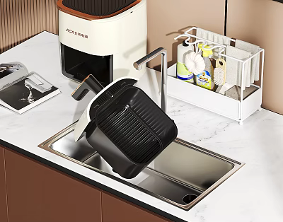 Modern Kitchen Faucet Over Stainless Steel Sink With Dish Rack And Coffee Machine 3d model