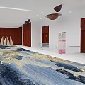 Spacious Hotel Corridor With Ornate Carpet White Walls Ceiling Pendant Lights And Large Windows
