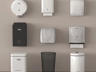 Modern Bathroom Accessories White Black Wall Mounted Standing Tissue Dispensers Hand Dryers Trash Bins 3d model