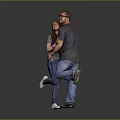 Happy Man And Woman Hugging In Gray Shirts Blue Jeans Lifting Legs On Gray Background