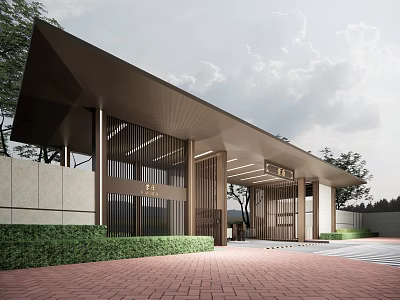 Modern Entrance Gate Design With Sloped Canopy Wooden Slats And Green Hedges On Brick Pavement 3d model