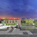 Nighttime Garden Landscape With Water Feature Fire Pit Stone Decorations Green Plants And Soft Lighting