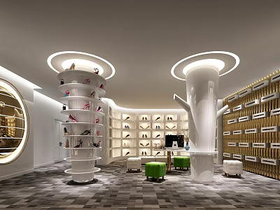 Modern Shoe Store Interior Featuring Circular Display Racks Green Seats And Golden Accent Walls 3d model