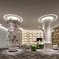 Modern Shoe Store Interior Featuring Circular Display Racks Green Seats And Golden Accent Walls